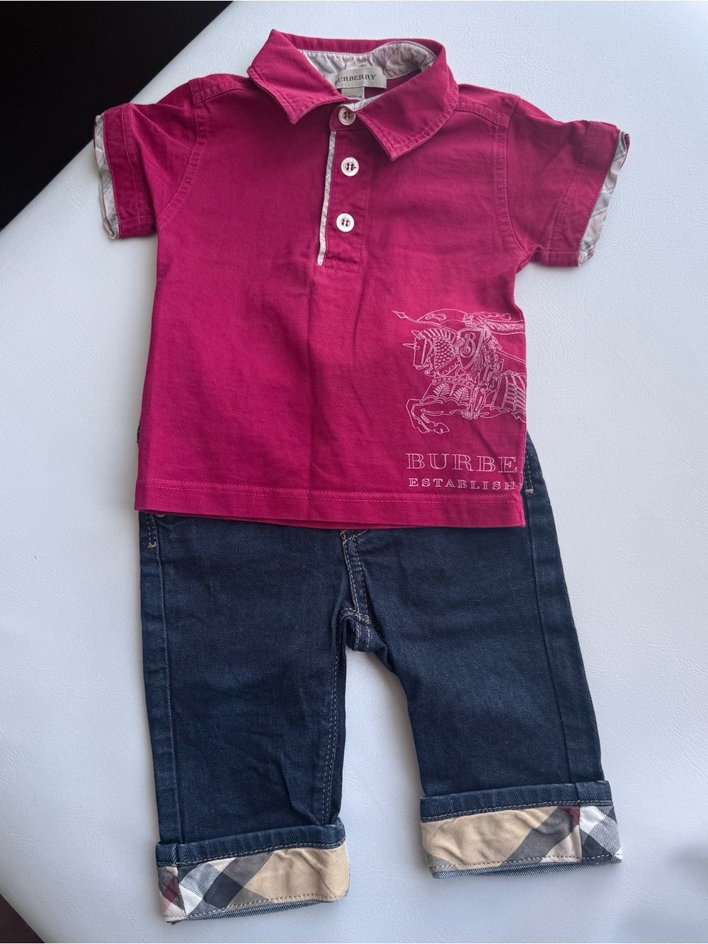 Burberry Baby kid set top polo red + pants elastic jean 3/6 months blue
